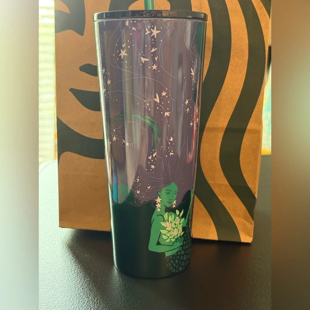 Starbucks Green and Purple Mermaid Tumbler with Straw NWT
